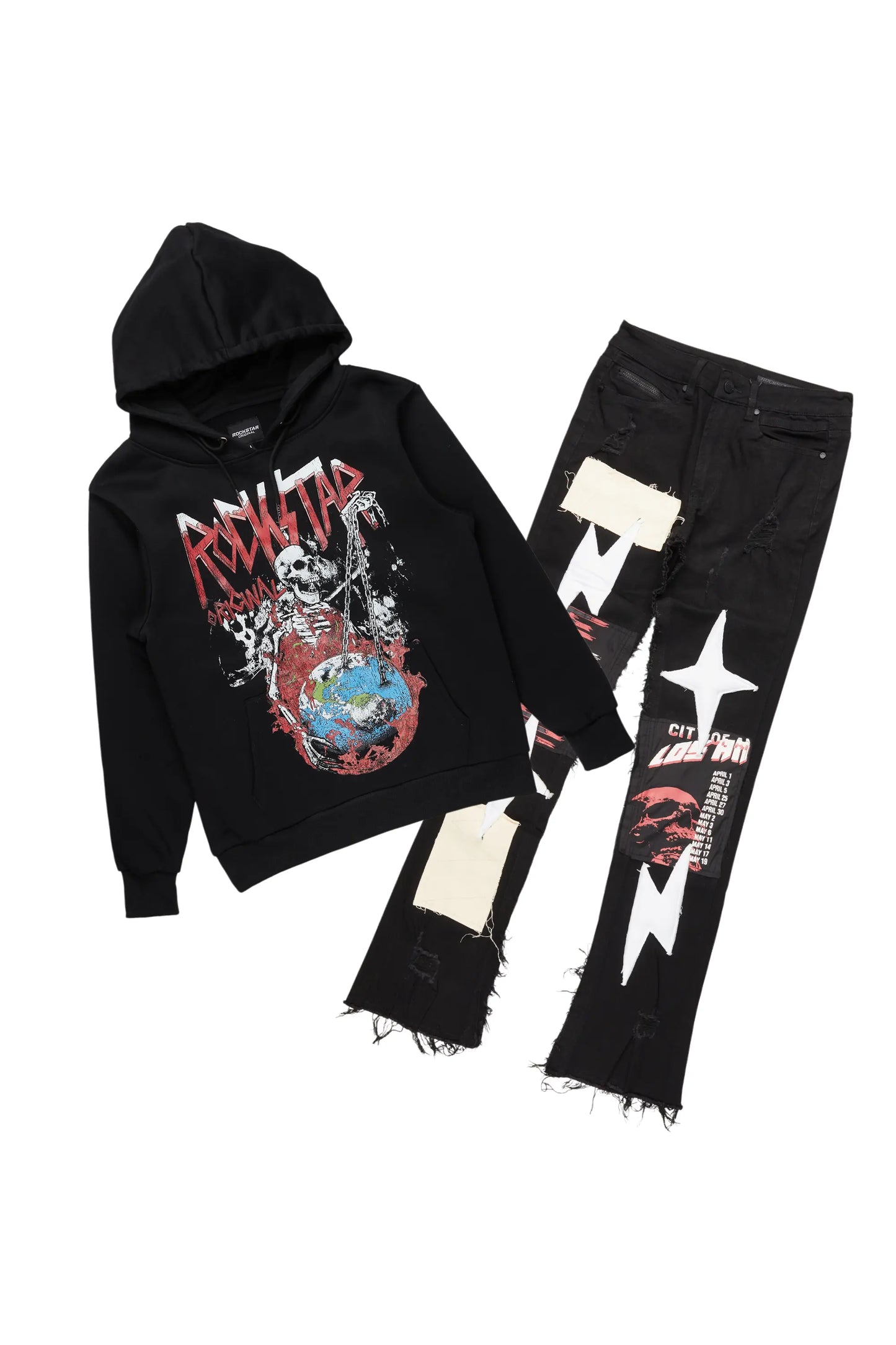 Barrett Black Hoodie & Vinson Patchwork Stacked Jean Bundle
