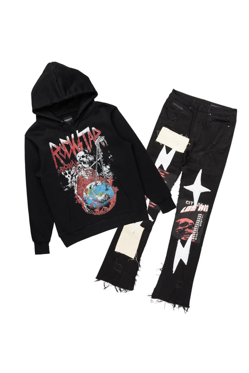 Barrett Black Hoodie & Vinson Patchwork Stacked Jean Bundle