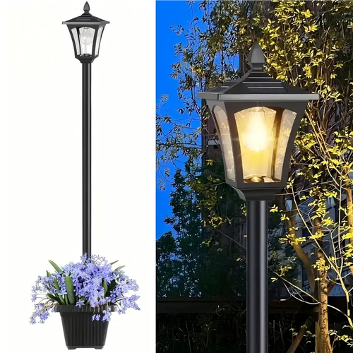 Solar Lamp Post Light with Planter | Waterproof Outdoor Garden Light with Warm White Glow
