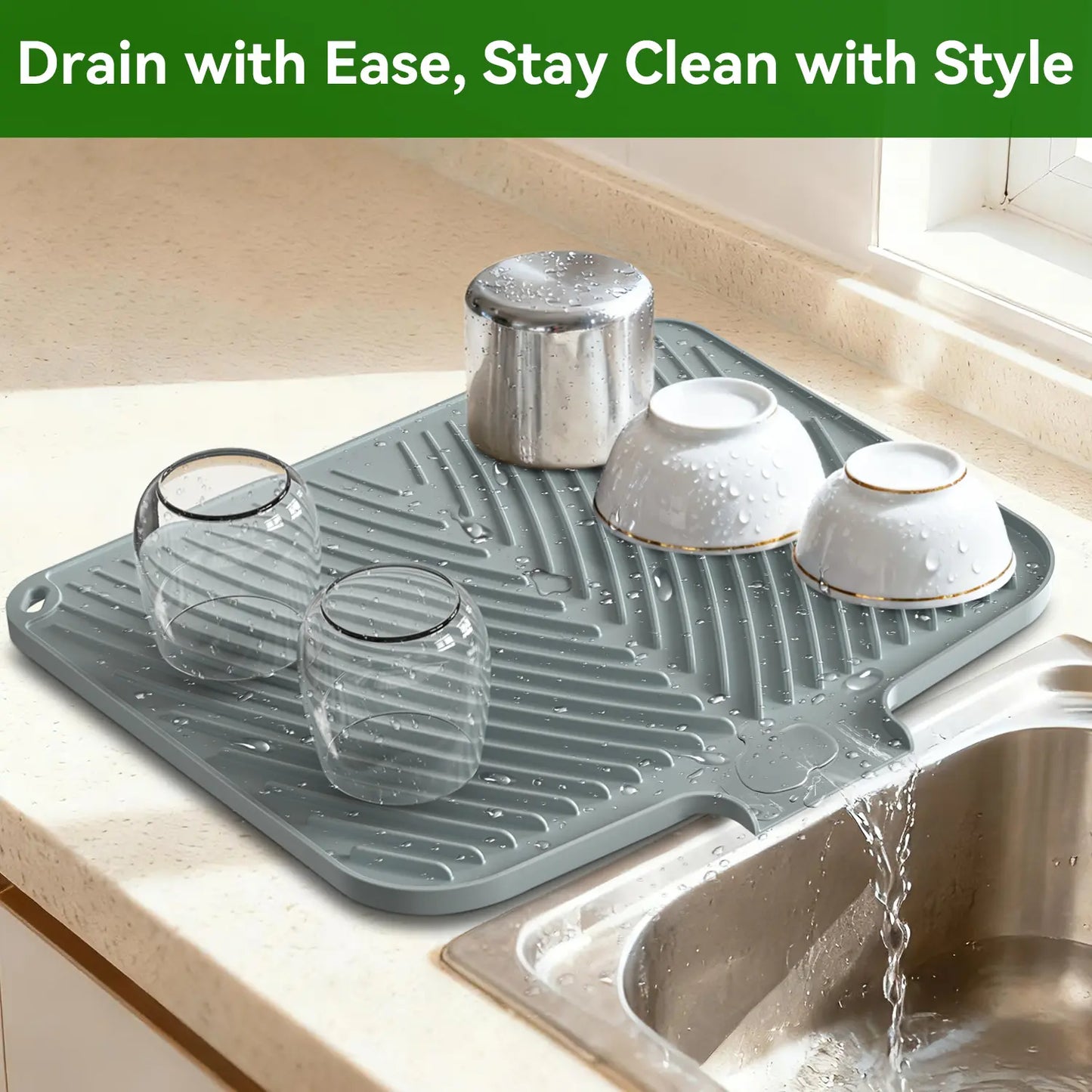 Quick Dry Dish Drying Mat with Built In Drain, Heat Resistant Non Slip Kitchen Counter Mat