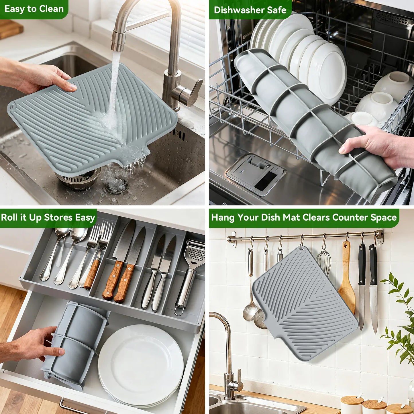 Quick Dry Dish Drying Mat with Built In Drain, Heat Resistant Non Slip Kitchen Counter Mat