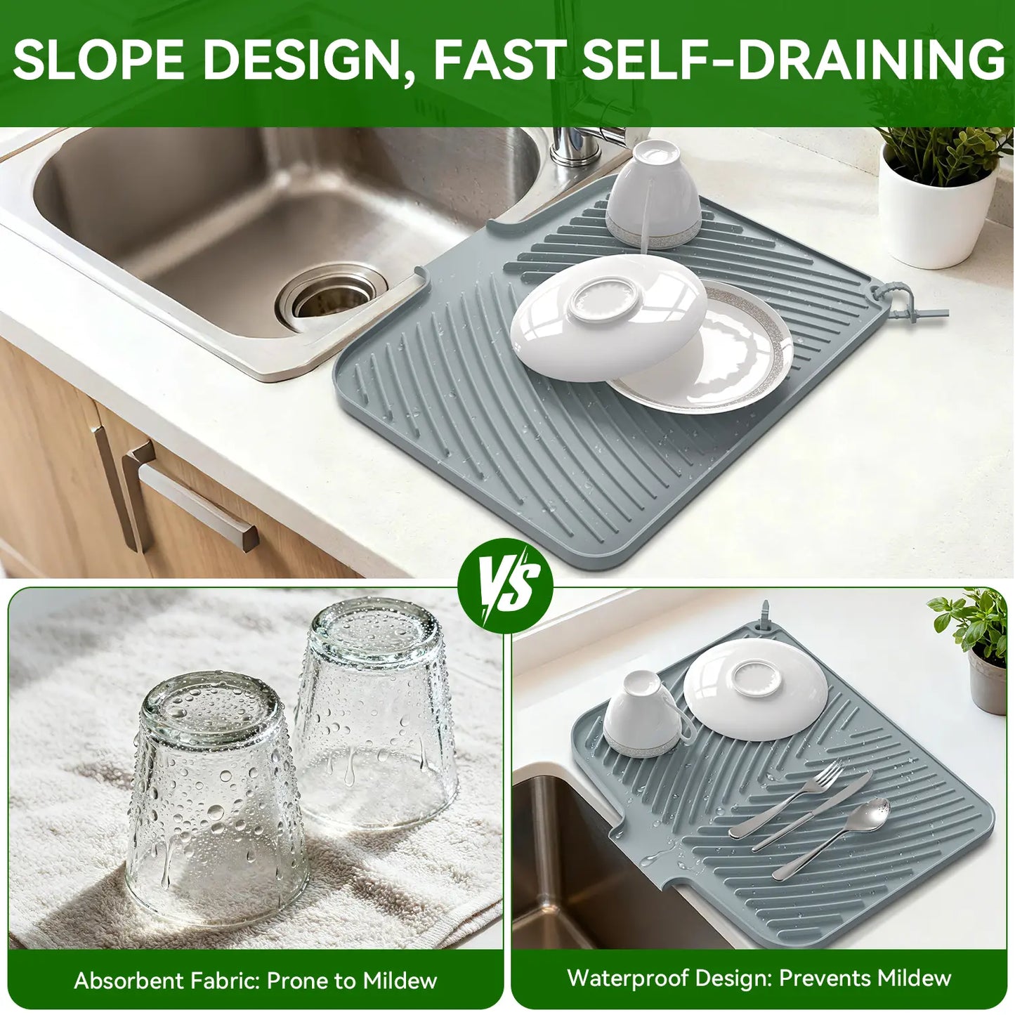 Quick Dry Dish Drying Mat with Built In Drain, Heat Resistant Non Slip Kitchen Counter Mat