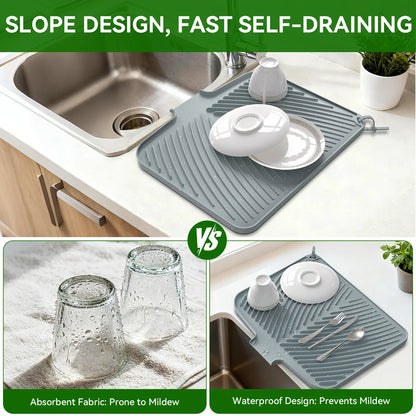 Quick Dry Dish Drying Mat with Built In Drain, Heat Resistant Non Slip Kitchen Counter Mat